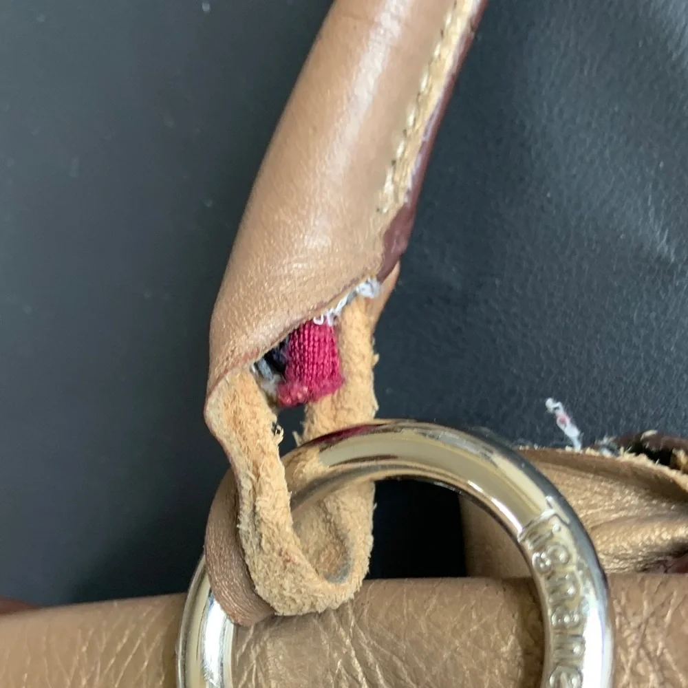 Tignanello Leather Tote Bag Brown Gold Silver Striped Shoulder Bag